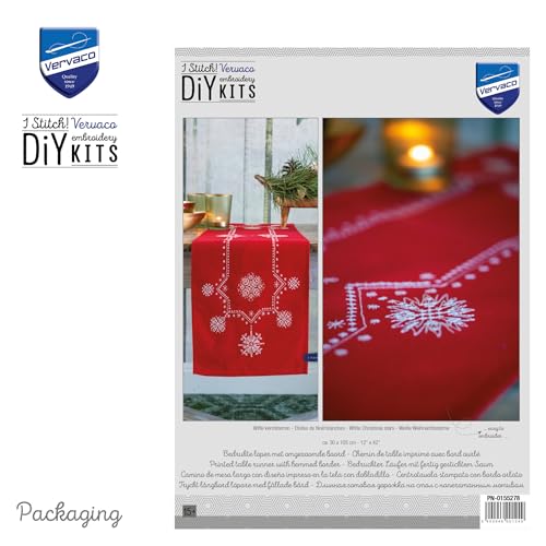Image of Vervaco Stamped Cross Stitch Table Runner Kit for Christmas Snowflake Aesthetic Holiday Embroidery Set ca. 12 inch x 42 inch DIY Home Decor Art and Craft Supply Creative Gift for Crafters