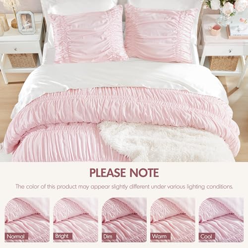 Image of Intelligent Design Queen Comforter Set Ruched Shabby Chic Comforters for Queen Size Bed, All Season Lightweight Comforter Queen, French Country Bedding Set, Shams, Ella, Full /Queen, Pink 3 Piece