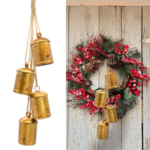 Christmas Decorations, Set of 4 Christmas Bells for Decoration, Harmony Cow Bells Vintage Decor, Handmade Rustic Gold Bell with Jute Hanging Rope