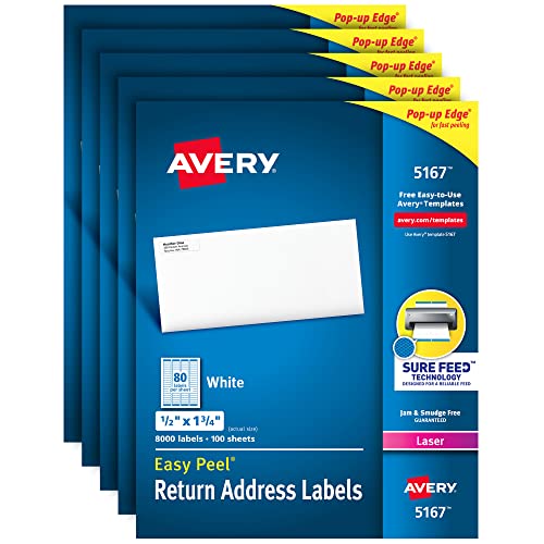 Avery Mailing Address Labels, Laser Printers, 40,000 Labels, 1/2 x 1-3/4, Permanent Adhesive, Easy Peel (5 Packs 5167) -  05167