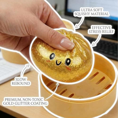 Image of 2 Pcs Dumpling Squishy, 6CM Squishy Ball with Soft Texture and Fun Shapes, Sensory Fidget for Play and Collection, Party Favors, Steamed Buns and Steamer, Golden and Green Pectin Style