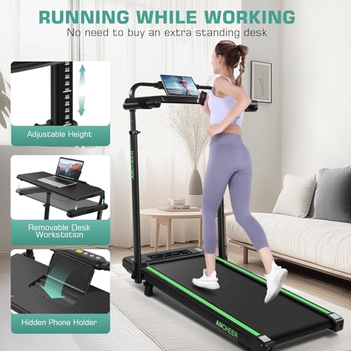 Image of Walking Pad Treadmill Adjustable Height, Under Desk Treadmills with Handle Bar and Incline, 300lbs Capacity Foldable Treadmill with Removable Desk Workstation, Installation-Free(Black Green)