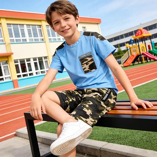Image of LOLANTA Boy Summer Outfit Casual Clothes 2Pcs Cotton T-shirt Shorts Set | Kids Short Sleeve T-Shirt, Boy Camouflage Knee-length Shorts, Breathable Fashion Outfits, School Daily Matching Clothing Sets
