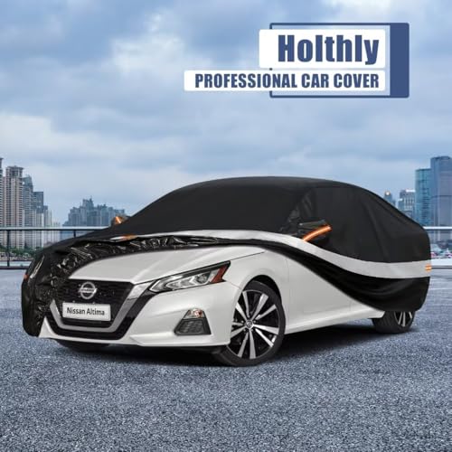 Image of Holhtly Car Cover Custom Fit for Nissan Altima, Car Covers for Automobiles All Weather Waterproof Sun Snow Rain Wind Dust Protection, Outdoor Car Cover Black & Grey