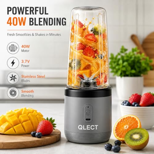 Image of QLECT Portable Blender for Smoothies & Juices | 400ml Personal Juicer Mixer Grinder | 1500mAh USB Rechargeable Battery | 2 Jars | Stainless Steel Blades | ISI Certified | Made in India