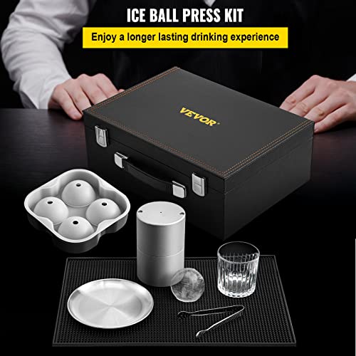 VEVOR Ice Ball Press Kit, Anodized 7075 Aluminum, w/Silicone Moulds, Large Mat, Stainless Steel Tong & Two Glasses, Double Size Crystal Clear Rounds Whiskeys, Cocktails on Parties & Holidays Silver