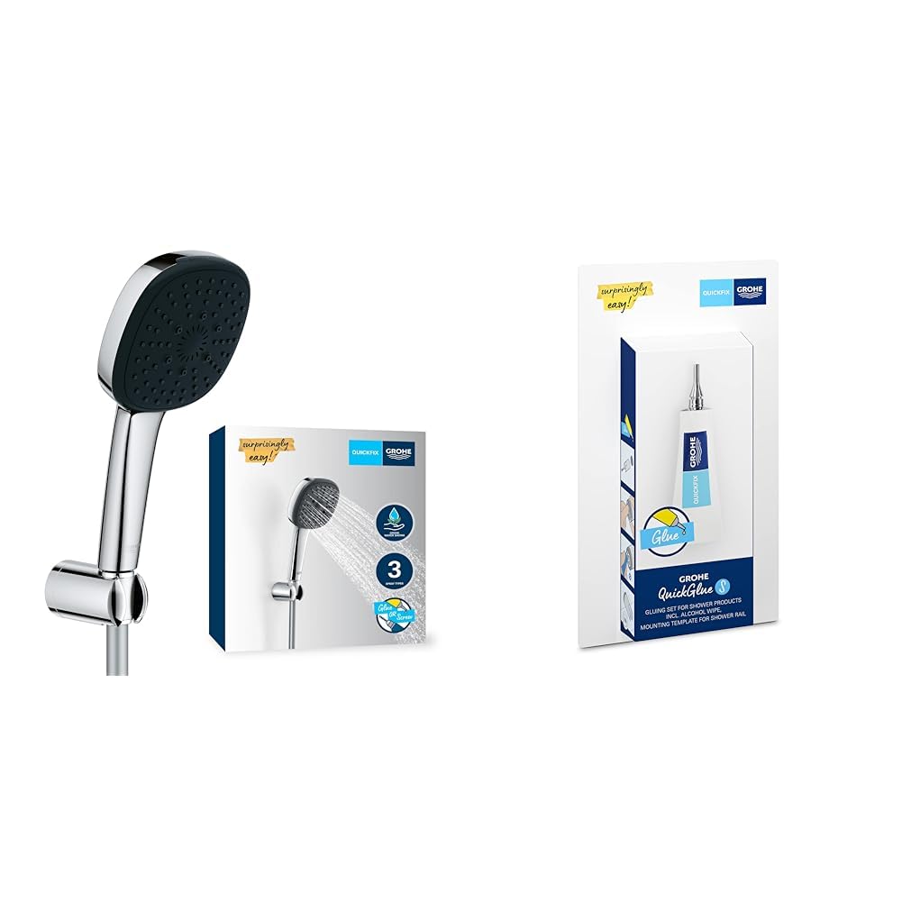 GROHE Vitalio Comfort 110 + QuickGlue S - Set de ducha (Ducha de mano cuadrada 11cm, 3 chorros, Manguera de ducha de 1,75 m, Soporte de pared, Water Saving, fácil de instalar), Cromo, 26176001