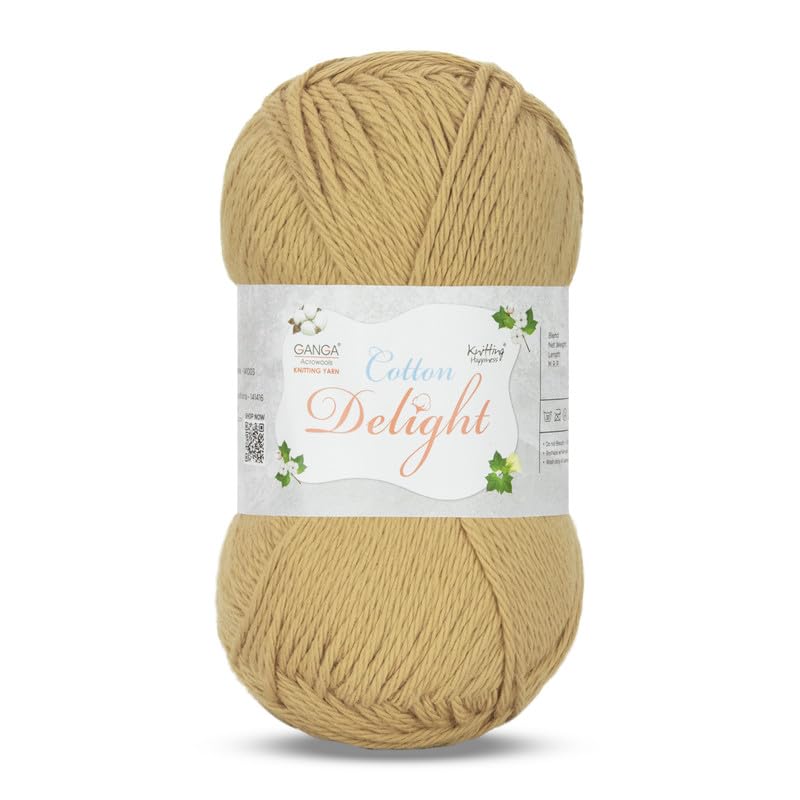 Image of Ganga Acrowools Cotton Delight, Dk Weight Cotton Yarn, Oekotex Class L Certified 100G, 169M, Pack of 1 Ball - 100gm Each, Shade No. - COD104 Beige