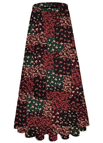 NiPaMi Women's Chiffon White Flowy Maxi Skirt Boho Fall Elastic Waisted Pleated A Line Long Skirts for Women 2025(Red Black Splice-72,2XL)