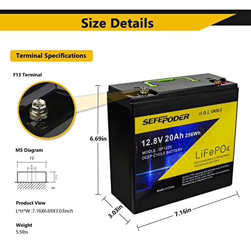 Sefepoder 12V 20Ah Lifepo4 Lithium Battery, 2000+ Deep Cycle Lithium Iron Phosphate Rechargeable Battery For Solar, Lighting, Scooters, Outdoor Camping, Off-Grid Applications Etc. Built-In 20A Bms #TOP1
