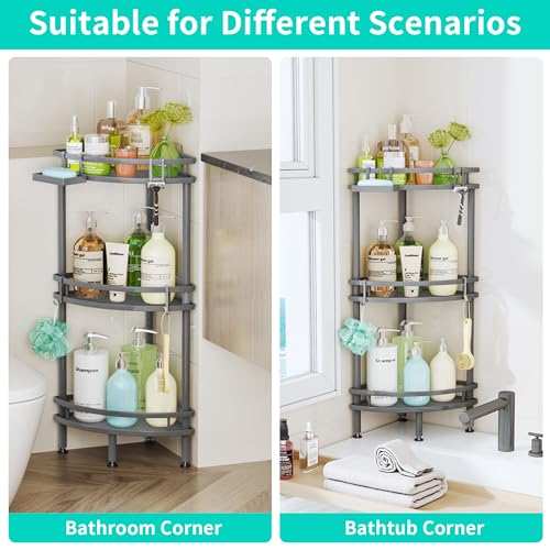 Image of HapiRm Standing Corner Shower Caddy - 3 Tier Shower Organizer Corner with Soap Holder and 4 Hooks, Rustproof Bathroom Storage Shelves with Adhesives, Grey