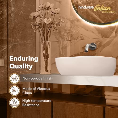 Image of Hindware Italian Collection Amazon Mini Table Top Wash Basin for Bathroom | Made of Ceramic | Star White | Square Shape | Over the Counter Basin