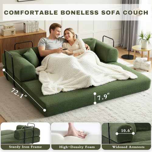 Image of 80 Inch Multi-Functional Convertible Sofa Bed, Fixed Shape Frame, High Density Foam with Corduroy, Easy Assembly, for Living Room and Bedroom. (Green)