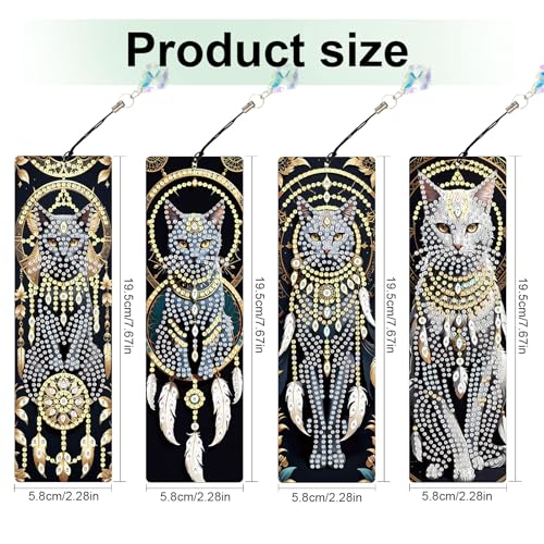 Image of 4-Piece Dreamcatcher Cat Diamond Painting Bookmarks Set for Adults - DIY 5D Rhinestone Art Bookmark Kits with Tassels, Beautiful Diamond Art Bookmarks for Crafts and Gifts
