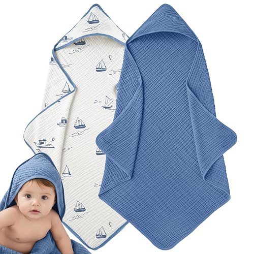 Image of LILY O LAUREL Muslin Hooded Baby Towels for Newborns, 32"x32", 100% Cotton – 6 Layers Super Soft Absorbent Breathable, Baby Bath Towel, Toddler Bath Towel – Pack of 2