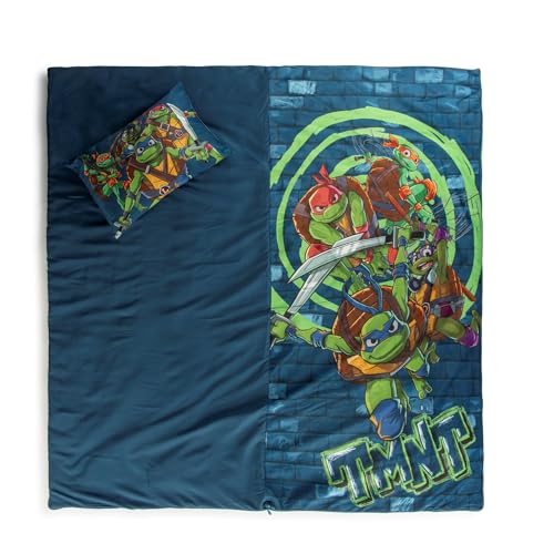Image of Jay Franco Kids Slumber Bag and Pillow - 54 x 27 Inch Comfy Indoor Sleeping Bag for School and Sleepovers, 2 Piece Set, Blue - Teenage Mutant Ninja Turtles