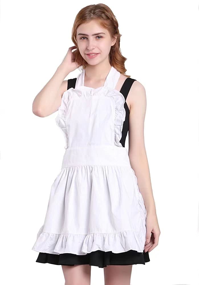 Pavel Korchagin Fancy Cute Frilly Kitchen Apron 100% Cotton Flirty Women Ladies Waitress Vintage Maid Costume Adjustable for Work Cafe Baking Cooking Home Shop Salon Florist for Gift (White)