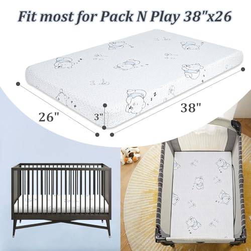 Image of Pack and Play Mattress 38 inch x 26 inch, Gel Memory Foam Pack N Play Mattresses Pad with Ultra-Soft Jacquard Cover, Portable Dual-Sided Mattress for Pack n Play, Breathable & Machine Washable