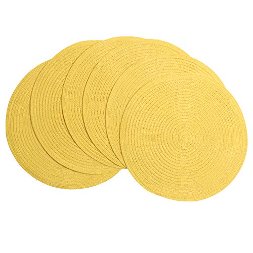 Image of SHACOS Round Braided Placemats Set of 6 Kitchen Place Mats 15 inch Round Table Mats for Dining Tables Washable (Yellow, 6)