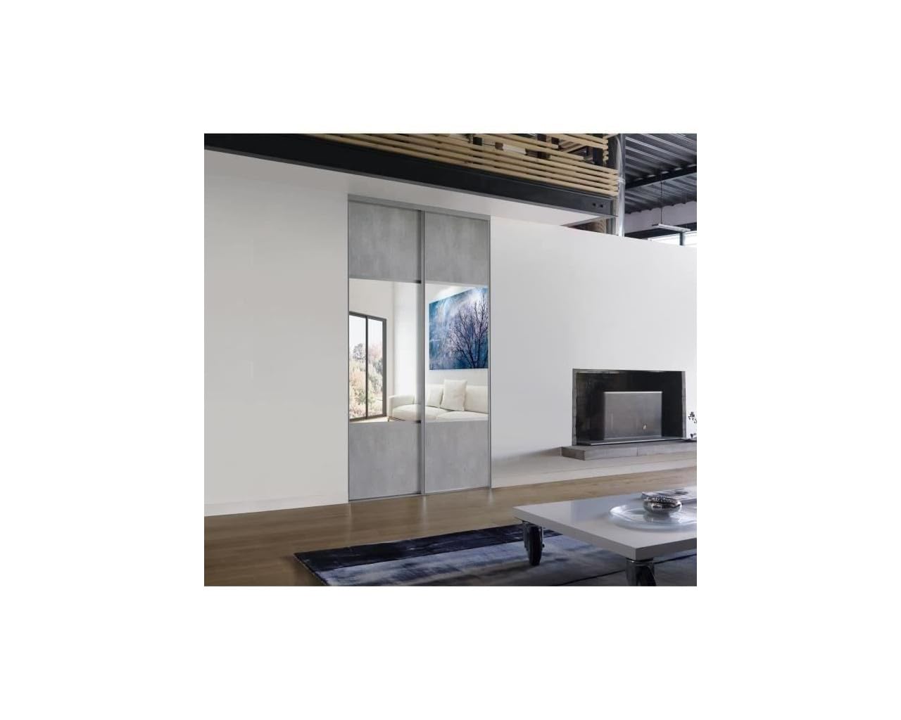 OPTIMUM Portes de Placard coulissantes - L120 cm x H250 cm - Décor Béton et Miroir Argent - Rail Haut et Bas - 2 amortisseurs
