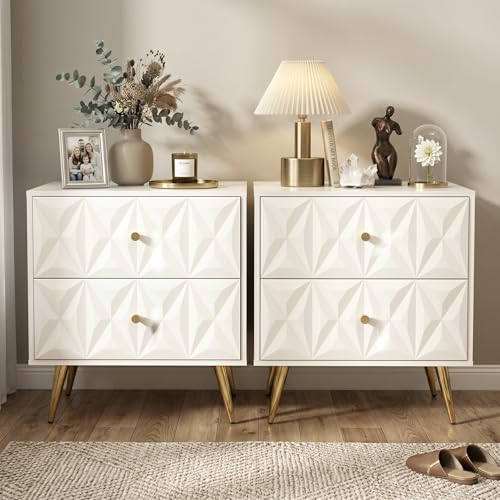VaJouer Nightstand Set of 2 White and Gold Nightstands with 2 Diamond Pattern Drawers Modern End Table Side Table with Gold Handle & Legs for Bedroom