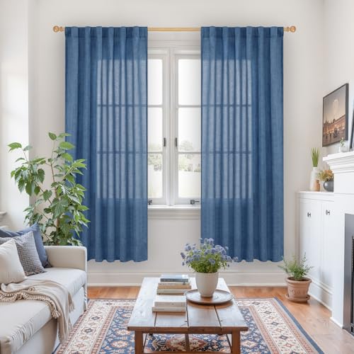 YoungsTex Navy Linen Curtains 78 Inch Length for Living Room, Dark Blue Semi Sheer Drapes with Rod Pocket Back Tab Light Filtering for Office Bedroom Windows, 2 Panels, 52 X 78 Inch by YoungsTex - Image 2