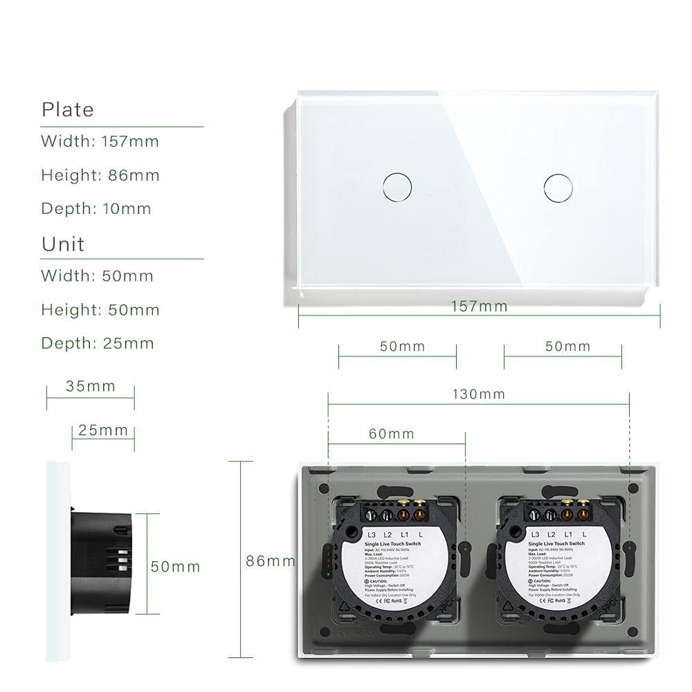 Interruptor Tactil Interruptores de Doble luz Toque Sensor Interruptor de Pared Vidrio 2Gang 1way Interruptores Dark Blacklight Blanco Negro Dorado 300W / Gang Interruptor Inteligente