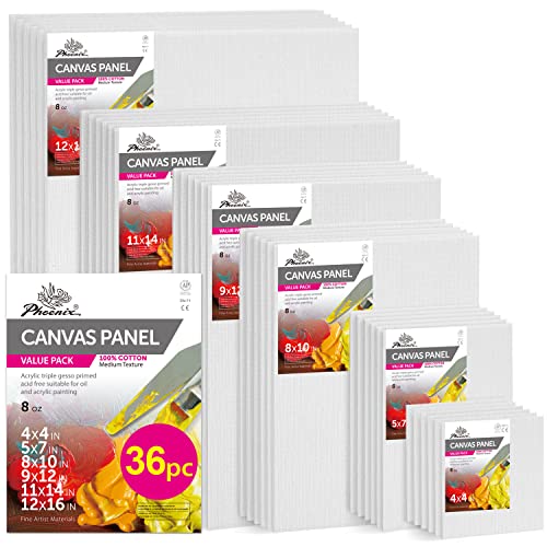 Phoenix 36 Pack Canvases For Painting - 4X4,5X7,8X10,9X12,11X14,12X16 Inch, 8 Oz Triple Primed 100% Cotton Flat Canvas Boards White Blank Canvas Panels Multi Size Bulk Pack For Acrylic & Oil Paints #TOP17