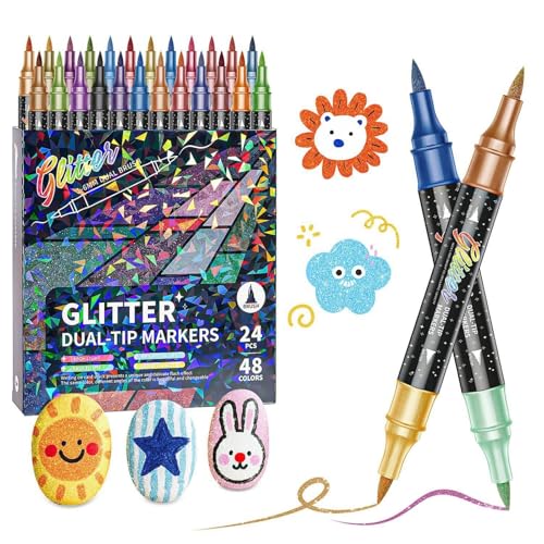 Double Color Glitters Art Pen Artist Acrylic Markers Brush Pens with Soft Brush Tips for Kids Drawing and Craft Activity Soft Ti
