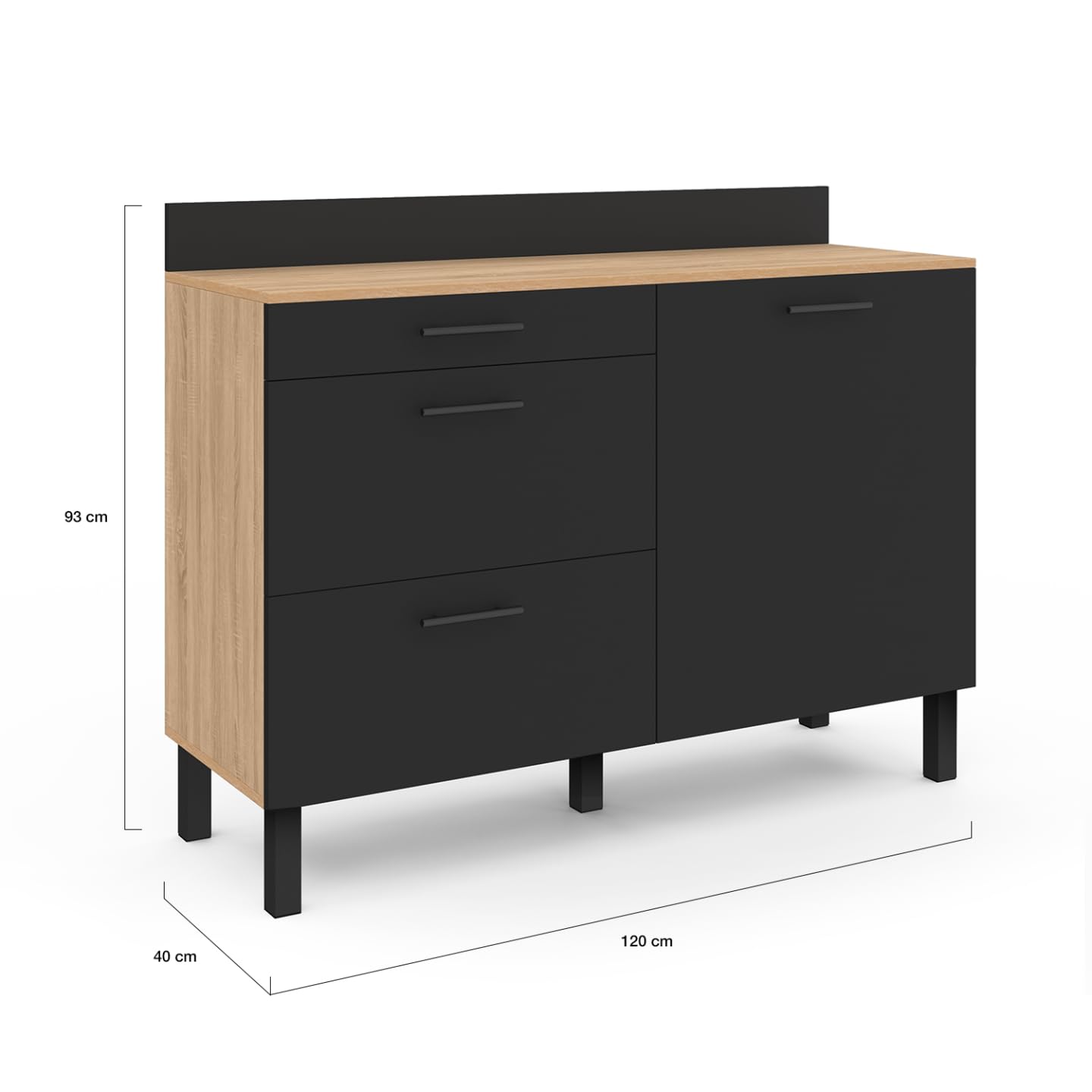 IDMarket - Buffet Bas casserolier de Cuisine 120 cm CINA Plan de Travail H.83 cm 1 Porte + 3 tiroirs façon hêtre et Noir