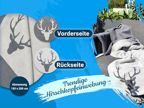 ZOLLNER Kuscheldecke in 150x200 cm - Flauschige und weiche Wendedecke in Zwei schlichten Farben - Trendige Hirschkopfeinwebung in grau - Mischgewebe - waschbar bis 40°C – Oeko Tex® Zertifiziert