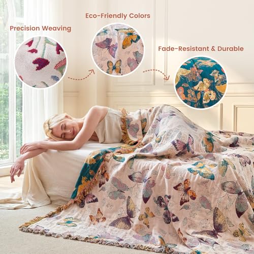 Image of MSGKV Boho Throw Cotton Butterfly Blanket 60 inchx80 inch for Couch Sofa Decor