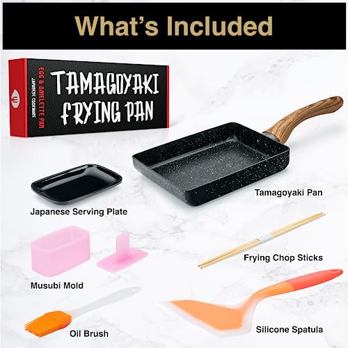 Oleex Tamagoyaki Pan Set – Japanese Omelette Pan with Kitchen Cooking Tools Like Musubi Mold, Spatula & Other Omelet Accessories – Multifunctional PFOA-Free Nonstick Square Frying Pan – 5x7 Inches