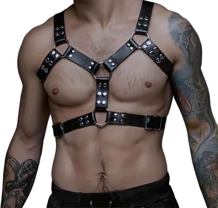 Sexy Chest Belt for Men Adjustable PU Leather Chest Body Chain Punk Harness Shoulder Belt Straps with Rivets Party Club Bar Tough Guy Outfits Costumes