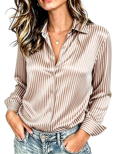 Image of Premium Soft Breathable Stretch Satin Silk Button Down Shirts for Women Long Sleeve Leopard Blouses Work Dress Tops