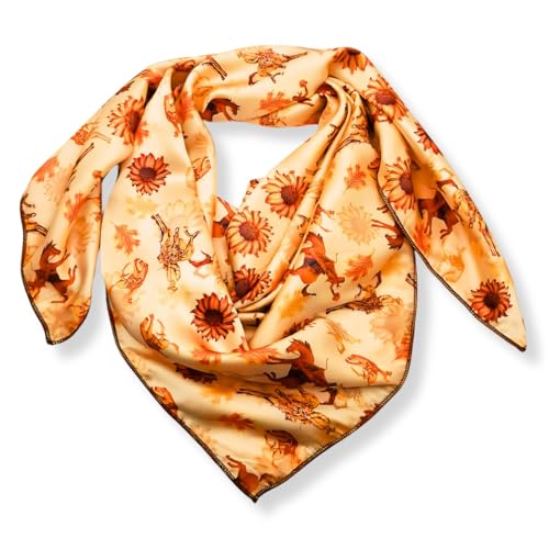 Wild Rag Silk Scarf 36'', Western Cowboy Bandana Square Silky Wild Rags,Tan Tooled Cowboy Bronco Tibal Scarves for Men & Women