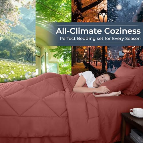 HEVUMYI Terracotta Queen Comforter Set - 7-Piece All Season Bed in a Bag Queen, Ultra Soft Bedding Set with Comforter, Flat Sheet, Fitted Sheet, Pillowcases, Pillow Shams