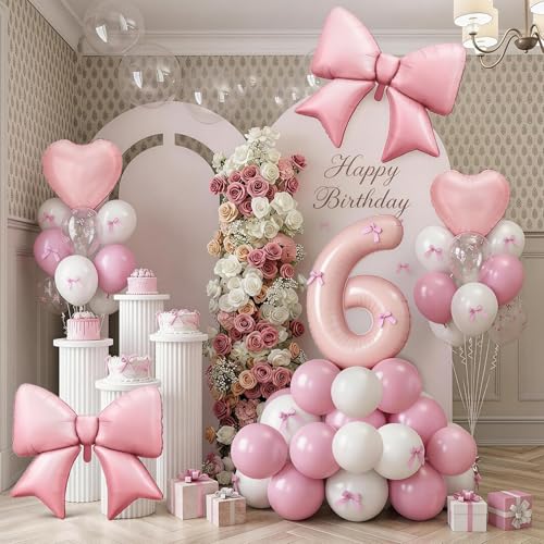 Image of 6th Birthday Decorations for Girl,Pink 6 Balloons for Party Decorations | 6 Year Old Birthday Decoration,Anniversary Party Decor,Pink White Balloons,Bow Print Balloons,Heart Balloons