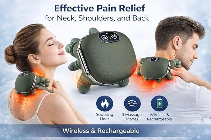 Image of Wireless Massager for Neck, Back & Shoulders with 4D Kneading Massage, Hand-Inspired Design, Multiple Intensity Levels, Lightweight Portable Device for Home, Office and Travel Relaxation