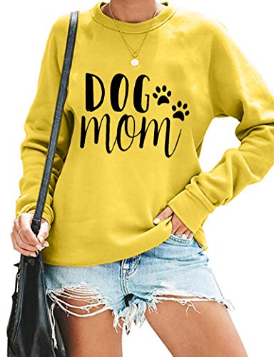 MOUSYA Dog Mom Pullover Sweatshirt Women Letter Print Dog Paw Graphic Dog Lover Long Sleeve Round Neck Dog Mama Tee Top Yellow
