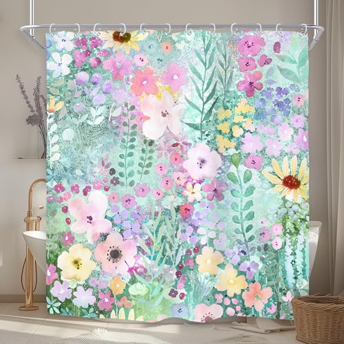 Teal Floral Cute Wildflower Watercolor Boho Art Bathroom Shower Curtain Set