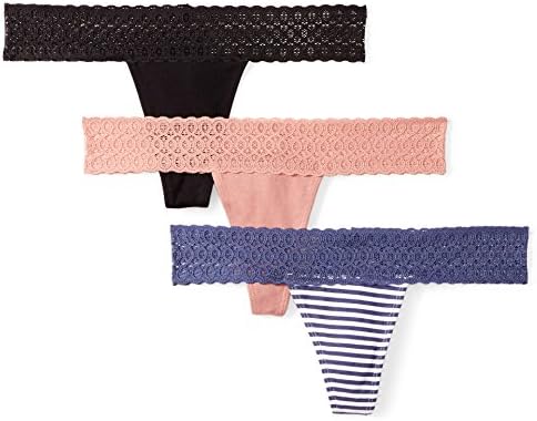 Women's Standard Lace Waistband Cotton Thong Panty, 3 Pack