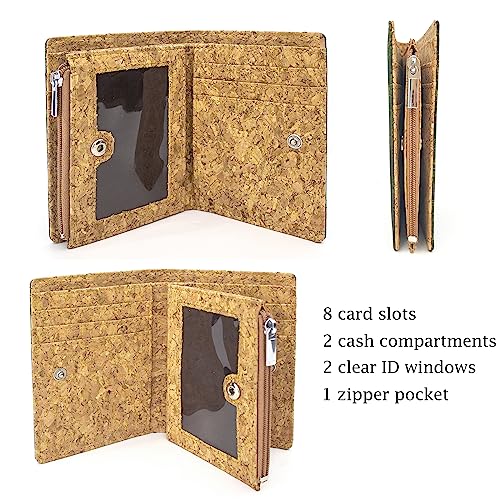 Image of Eco Cork Friendly RFID Blocking Wallet Bi-fold Card Holder Vertical Wallet With Zippered Coin Purse & ID Window