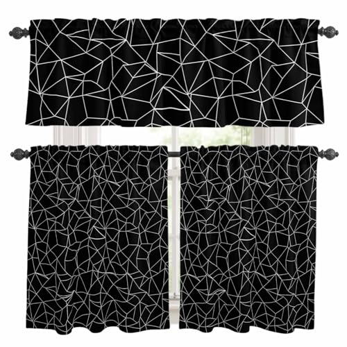 Yomandocix Kitchen Curtains and Valances Set, Black Geometric Stripes Rod