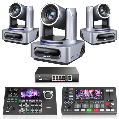 Tenveo 4K NDI PTZ Camera Bundle/Kit - 3-Pack 20X AI Tracking Cameras (SDI/LAN/HDMI/USB3.0), 5-inch Screen NDI Joystick Controller, 4K HDMI SDI Video Switcher and 8-Port Gigabit PoE Network Switch