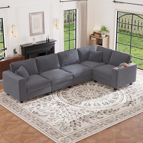Image of 126 inch L Shaped Sectional Couch, Comfy Corduroy Sectional Couch, Modular Convertible V Shaped Couch, 5 Seat Corner Sofa with 2 Pillows & Storage Armrests for Living Room, Gray