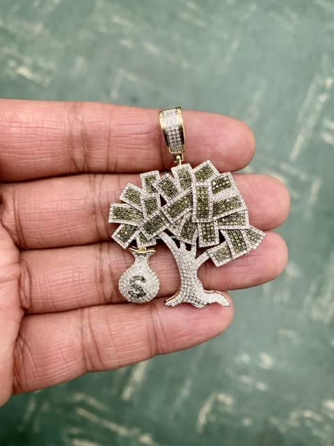 10K Yellow Gold Dollar Money Bag Tree pendant 1.82 ct Diamond Pendant for Men and Women | 2 x 1.2 inch real genuine diamonds charm Pendant (I2-I3 Clarity; G-H Color) | Jewelry Gift Box2