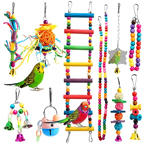Holzsammlung Juguetes de Loro Pájaro, 10 Piezas Colorido Juguetes para Jaula de Pájaros Accesorios Escalera de Madera Juguete de Masticación con Campanas para Pequeños de Aves, Periquitos, Pinzones #3 Cover