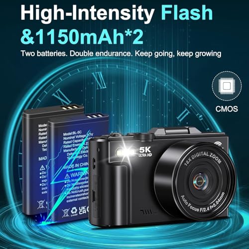 Image of Digital Cameras for Photography - 5K 75MP Vlogging Camera for YouTube WiFi - UHD Autofocus Vlog Camera 3 inch 180 Flip Screen with 18X Zoom - Travel YouTube with 32GB SD Card, 2 Batteries (CAM25)