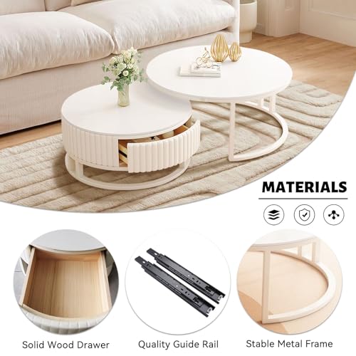 GonTzolkin Runder Couchtisch Weiß 2er Set Moderne Wohnzimmertisch Rund Marmor Couchtisch Mit Stauraum Holz Beistelltisch Weiss Metallrahmen Satztische Fürs Wohnzimmer Schlafzimmer Büro – Bild 5